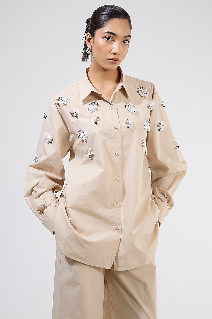 Beige Cotton Embellished Co-Ord Set by Kanika Goyal at Pernia's Pop Up Shop