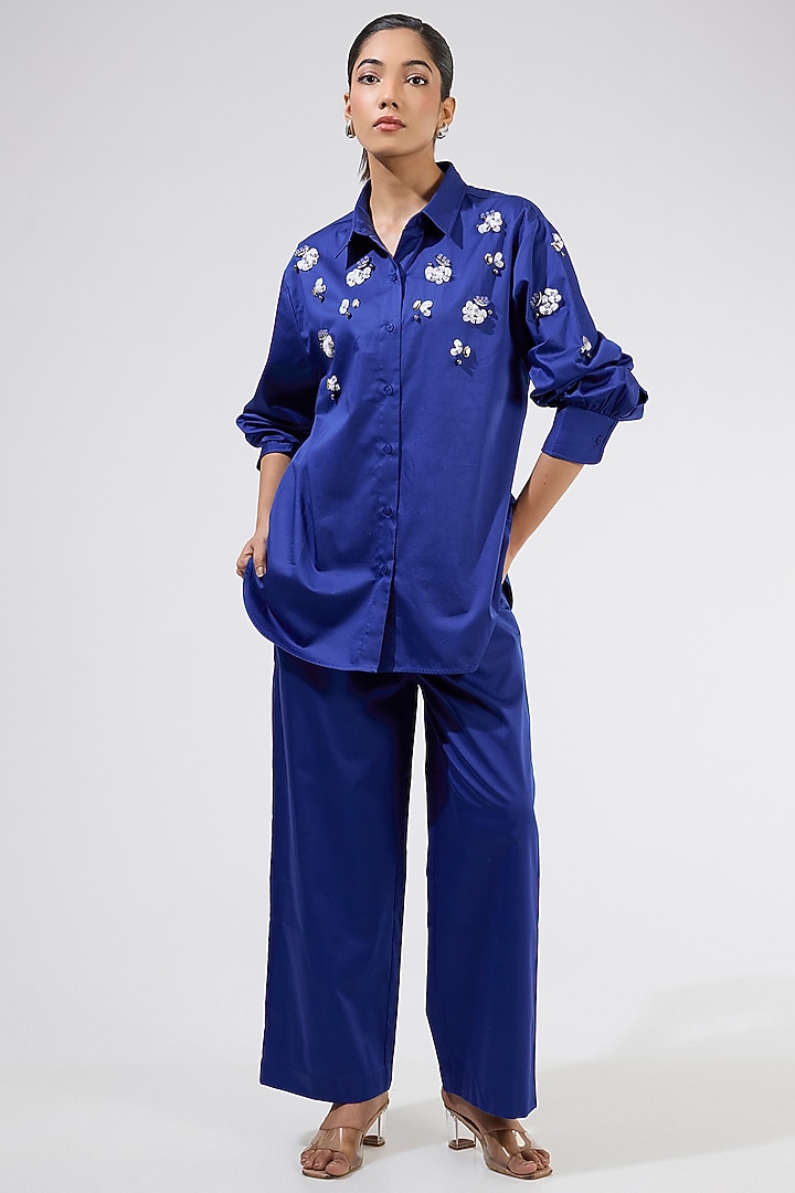 Blue Cotton Embellished Co-Ord Set by Kanika Goyal at Pernia's Pop Up Shop