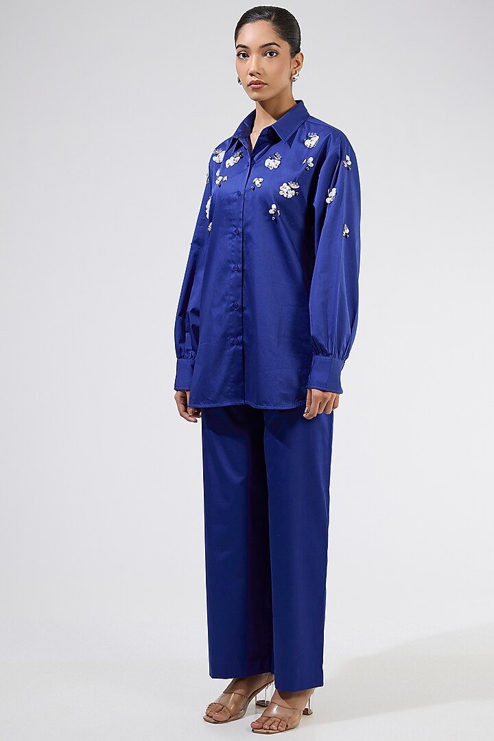 Blue Cotton Embellished Co-Ord Set by Kanika Goyal at Pernia's Pop Up Shop