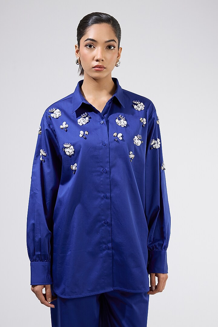 Blue Cotton Embellished Co-Ord Set by Kanika Goyal at Pernia's Pop Up Shop