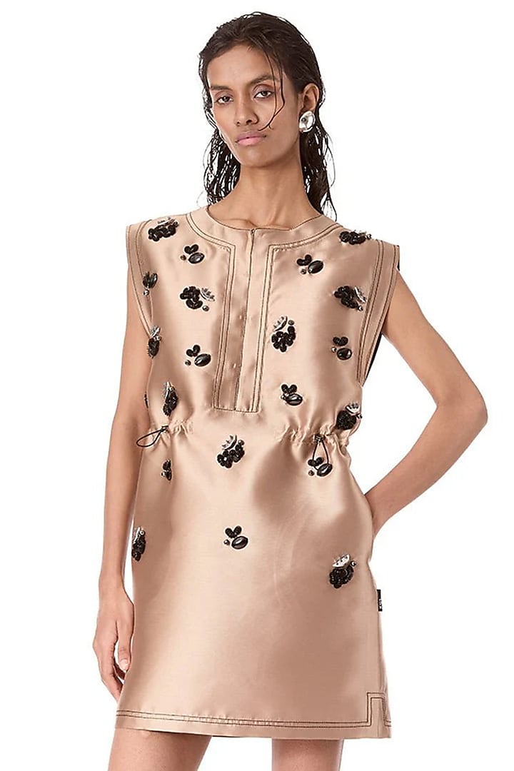 Beige Taffeta Embellished Vacation Dress by Kanika Goyal at Pernia's Pop Up Shop