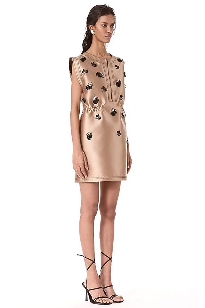 Beige Taffeta Embellished Vacation Dress by Kanika Goyal at Pernia's Pop Up Shop