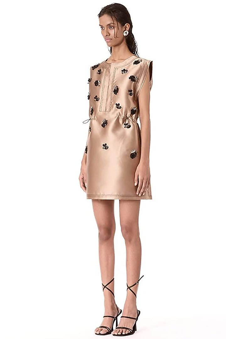 Beige Taffeta Embellished Vacation Dress by Kanika Goyal at Pernia's Pop Up Shop