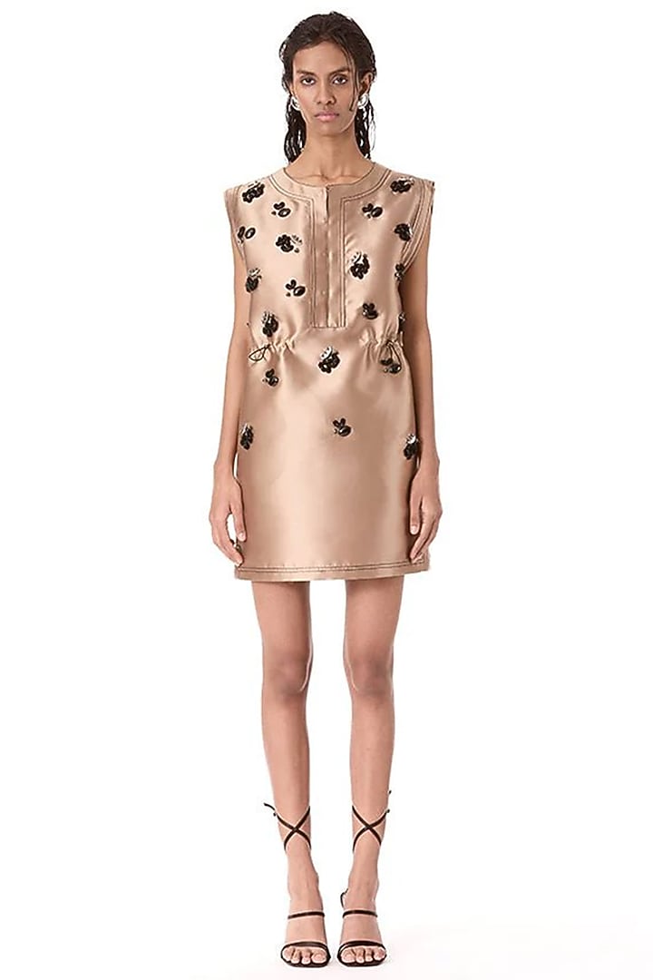 Beige Taffeta Embellished Vacation Dress by Kanika Goyal at Pernia's Pop Up Shop