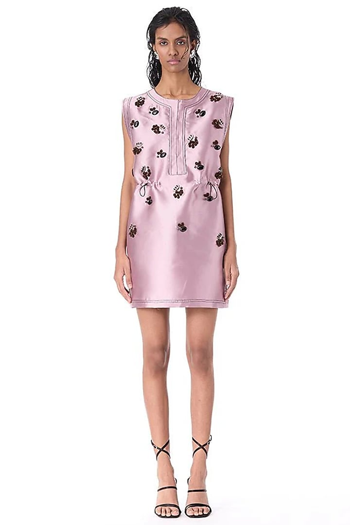 Pink Taffeta Embellished Mini Vacation Dress by Kanika Goyal at Pernia's Pop Up Shop