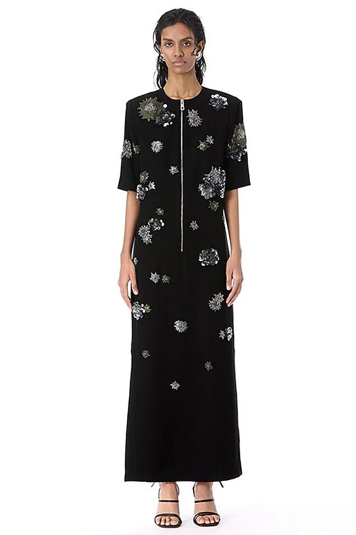 Black Japanese Crepe Embellished Maxi Cocktail Dress by Kanika Goyal at Pernia's Pop Up Shop