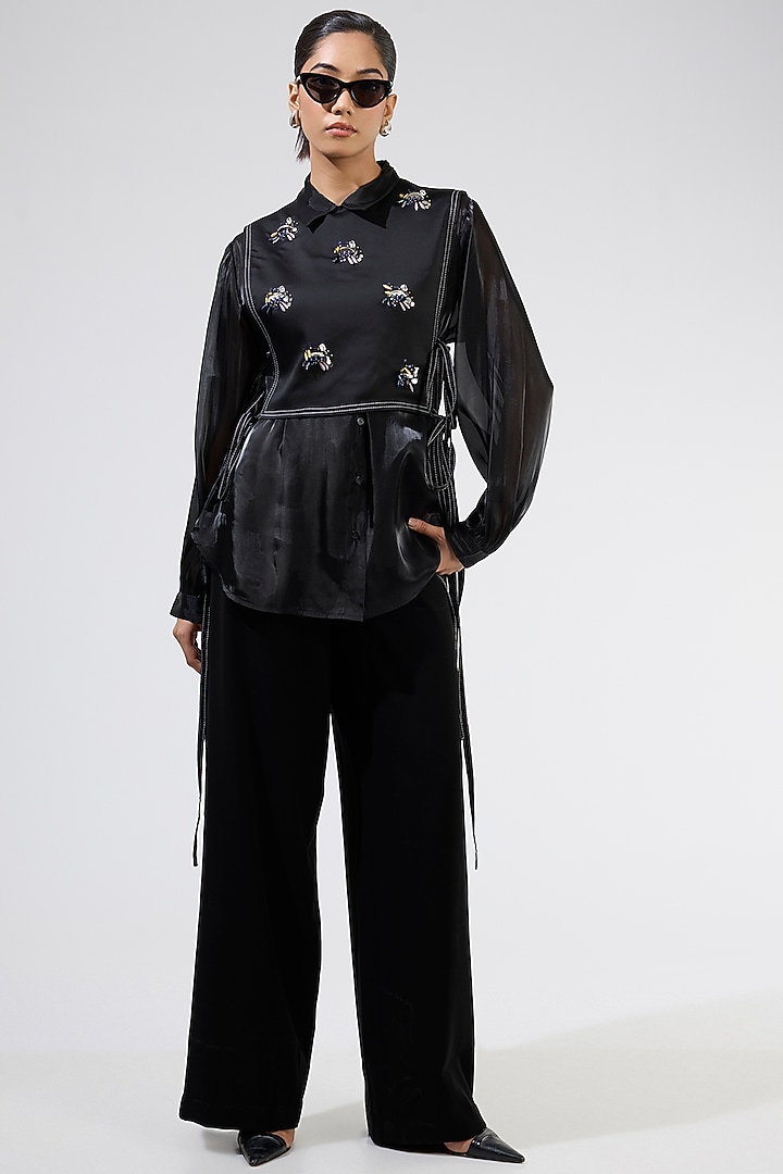 Black Organza Embellished Co-Ord Set by Kanika Goyal at Pernia's Pop Up Shop