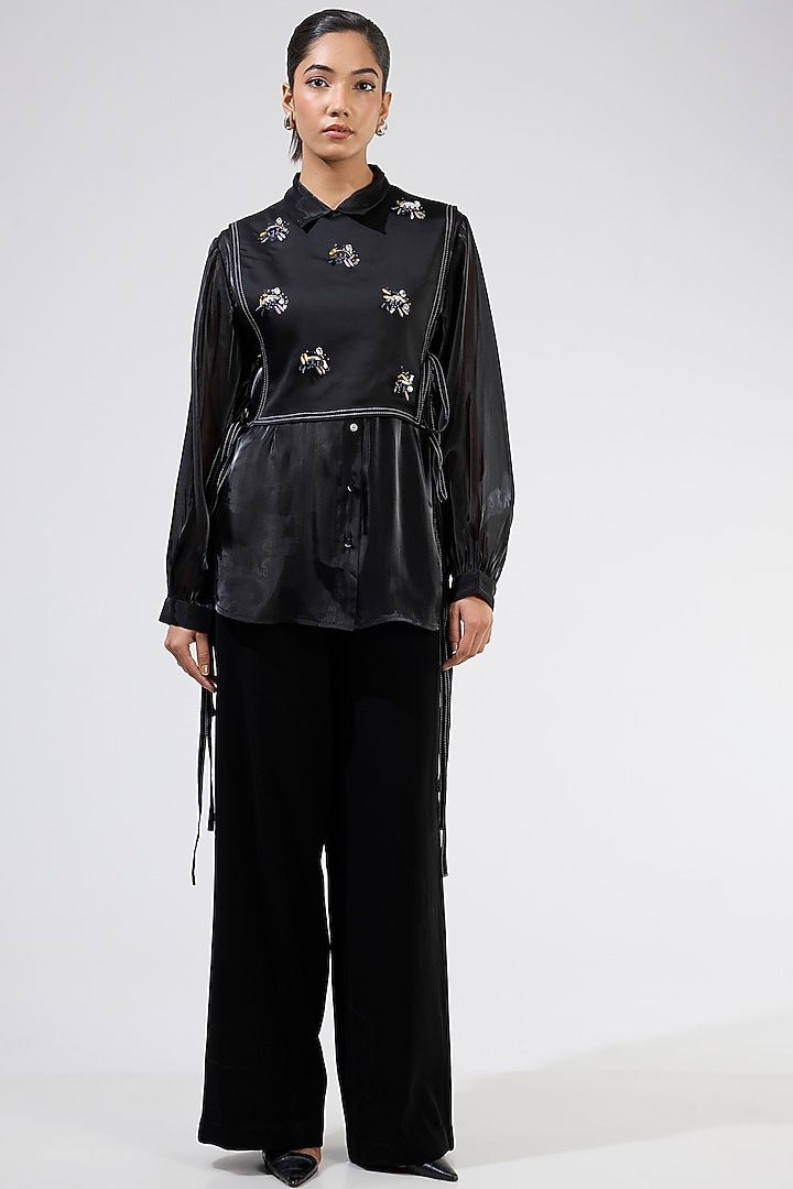 Black Organza Embellished Co-Ord Set by Kanika Goyal at Pernia's Pop Up Shop