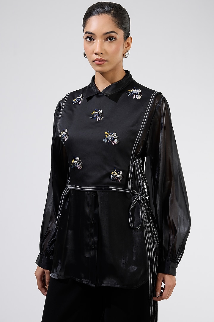 Black Organza Embellished Co-Ord Set by Kanika Goyal at Pernia's Pop Up Shop
