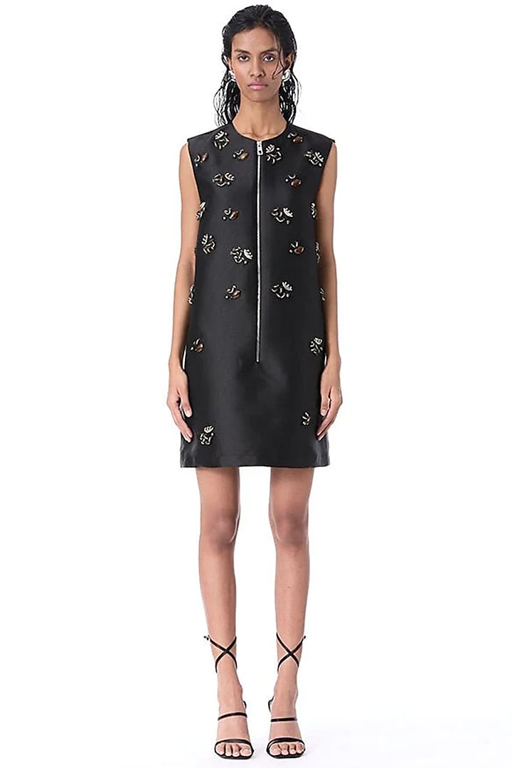 Black Taffeta Embellished Mini Vacation Dress by Kanika Goyal at Pernia's Pop Up Shop