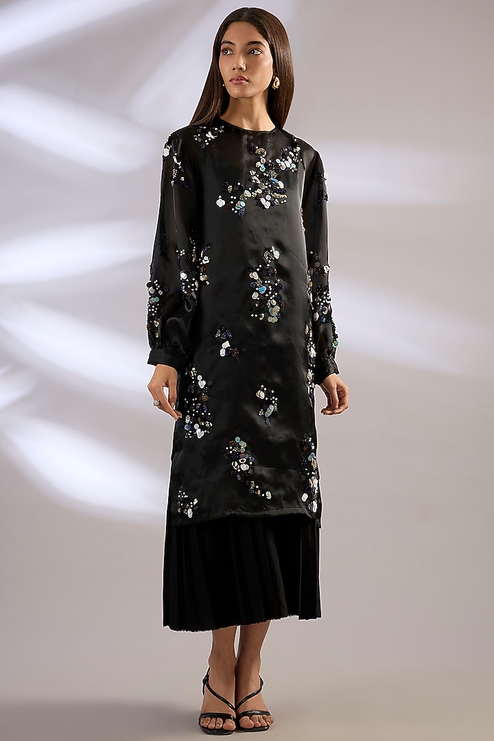 Black Organza & Satin Embellished Cocktail Dress by Kanika Goyal at Pernia's Pop Up Shop