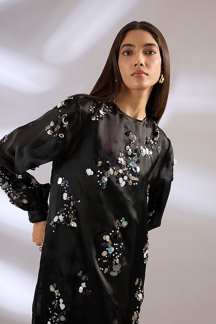 Black Organza & Satin Embellished Cocktail Dress by Kanika Goyal at Pernia's Pop Up Shop
