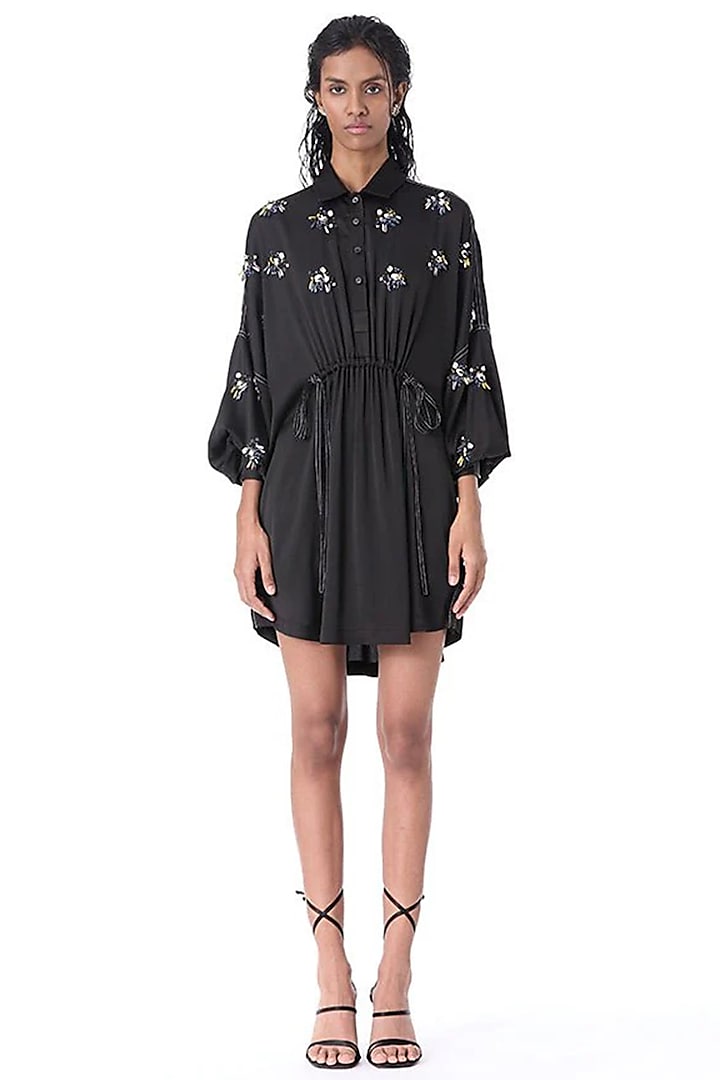 Black Satin Embellished Mini Vacation Dress by Kanika Goyal at Pernia's Pop Up Shop