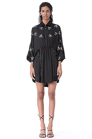 Black Satin Embellished Mini Dress by Kanika Goyal
