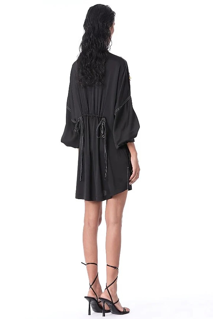 Black Satin Embellished Mini Vacation Dress by Kanika Goyal at Pernia's Pop Up Shop