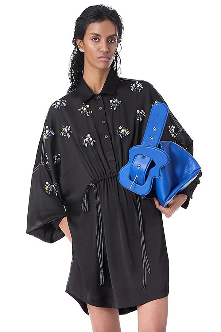 Black Satin Embellished Mini Vacation Dress by Kanika Goyal at Pernia's Pop Up Shop