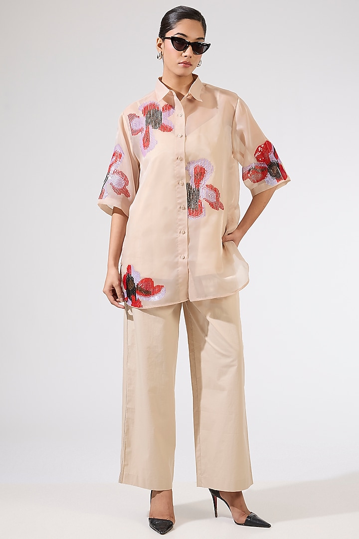 Beige Organza Embellished Co-Ord Set by Kanika Goyal at Pernia's Pop Up Shop