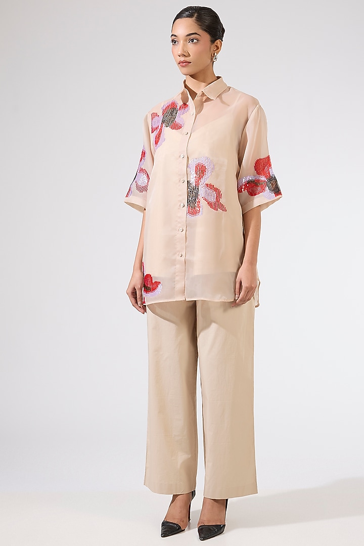 Beige Organza Embellished Co-Ord Set by Kanika Goyal at Pernia's Pop Up Shop