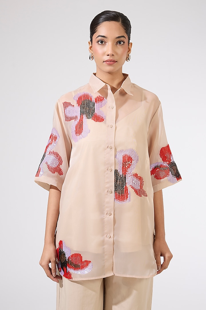 Beige Organza Embellished Co-Ord Set by Kanika Goyal at Pernia's Pop Up Shop