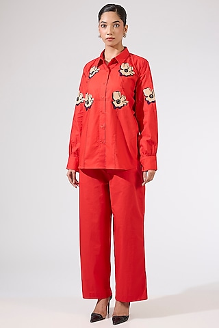 Red Polyester Embellished Co-Ord  Set by Kanika Goyal