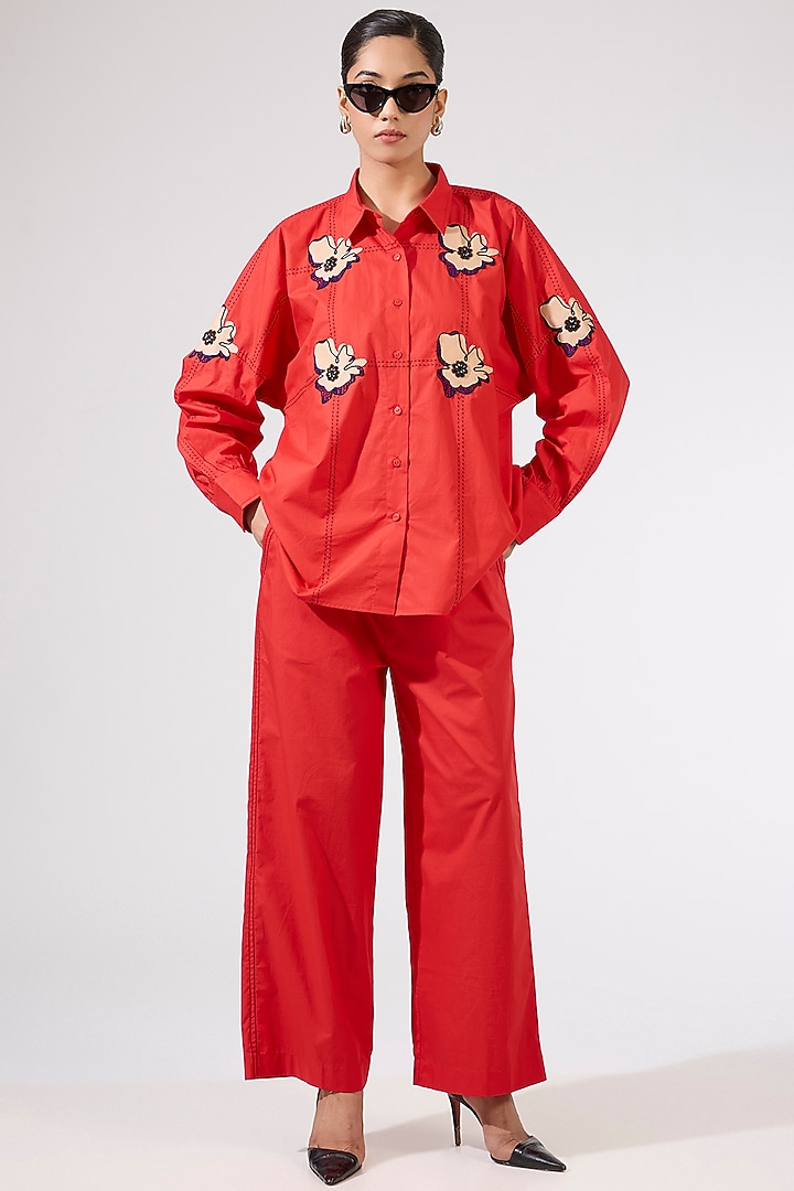 Red Polyester Embellished Co-Ord  Set by Kanika Goyal at Pernia's Pop Up Shop