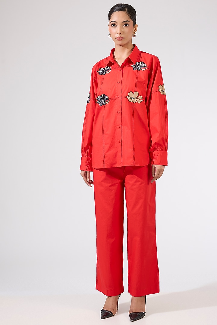 Red Cotton Embellished Co-Ord Set by Kanika Goyal at Pernia's Pop Up Shop
