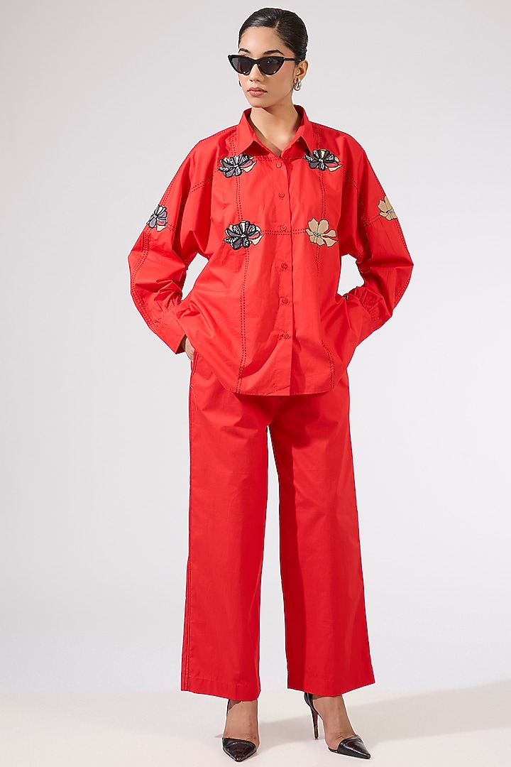 Red Cotton Embellished Co-Ord Set by Kanika Goyal at Pernia's Pop Up Shop