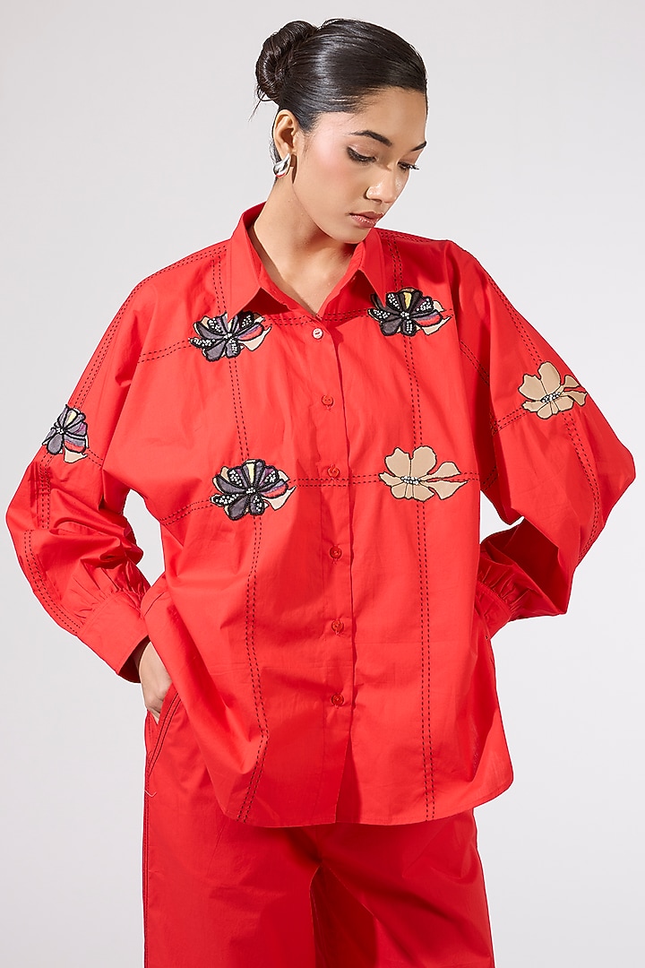 Red Cotton Embellished Co-Ord Set by Kanika Goyal at Pernia's Pop Up Shop