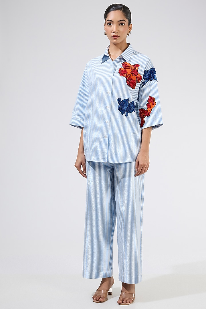 Blue Cotton Stripe Embellished Co-Ord Set by Kanika Goyal at Pernia's Pop Up Shop