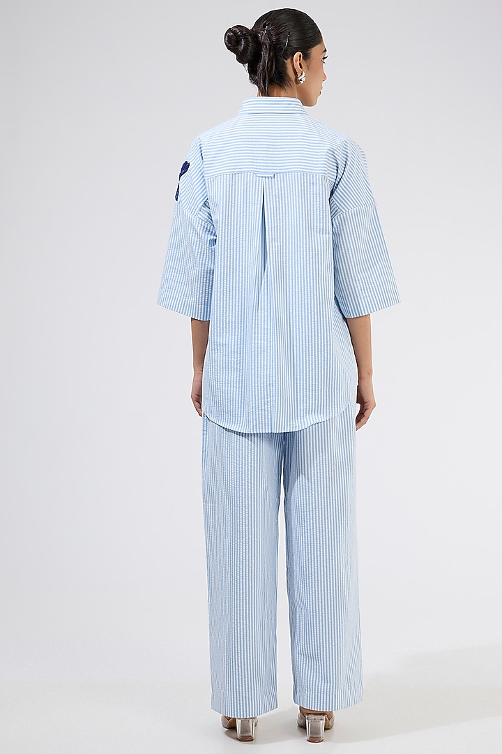 Blue Cotton Stripe Embellished Co-Ord Set by Kanika Goyal at Pernia's Pop Up Shop