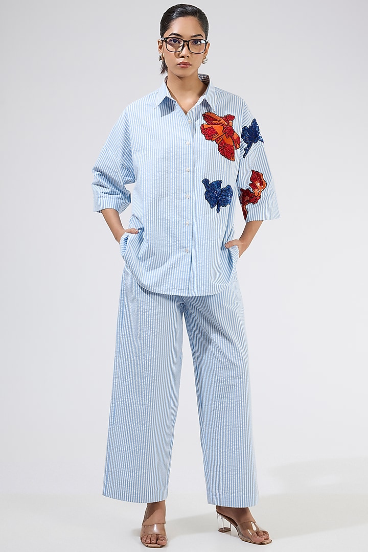 Blue Cotton Stripe Embellished Co-Ord Set by Kanika Goyal at Pernia's Pop Up Shop