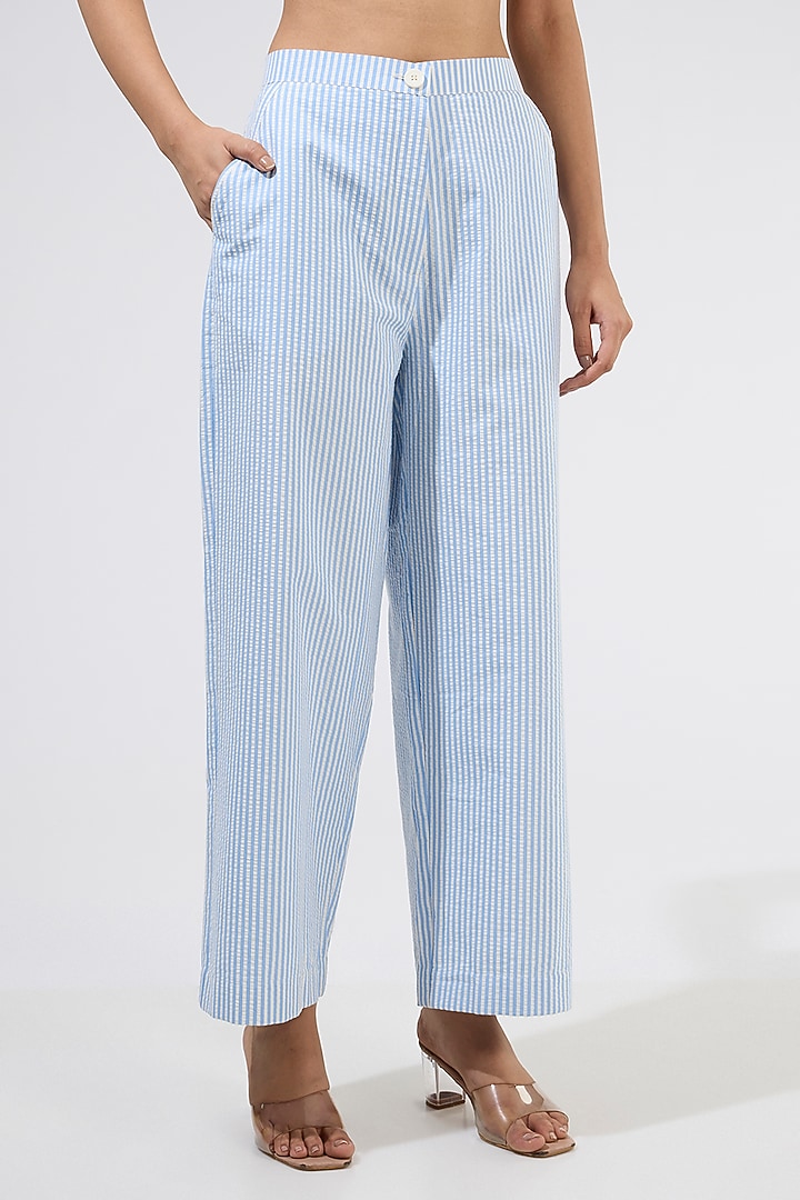 Blue Cotton Stripe Embellished Co-Ord Set by Kanika Goyal at Pernia's Pop Up Shop