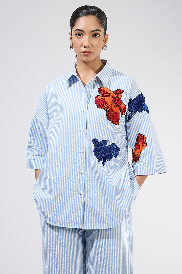 Blue Cotton Stripe Embellished Co-Ord Set by Kanika Goyal at Pernia's Pop Up Shop