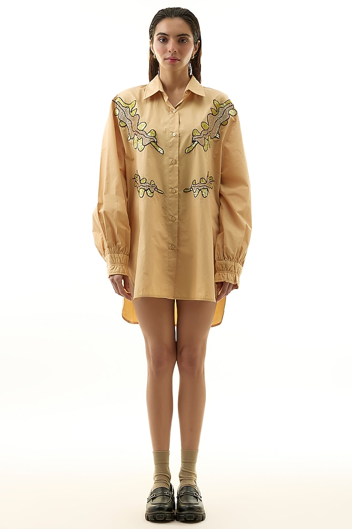 Beige Cotton Embellished Shirt by Kanika Goyal at Pernia's Pop Up Shop