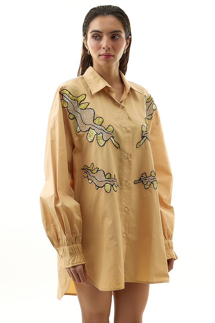 Beige Cotton Embellished Shirt by Kanika Goyal at Pernia's Pop Up Shop