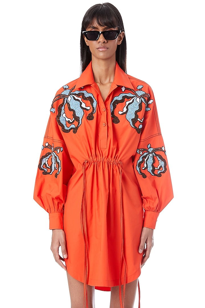 Orange Cotton Hand Embellished Shirt Dress by Kanika Goyal