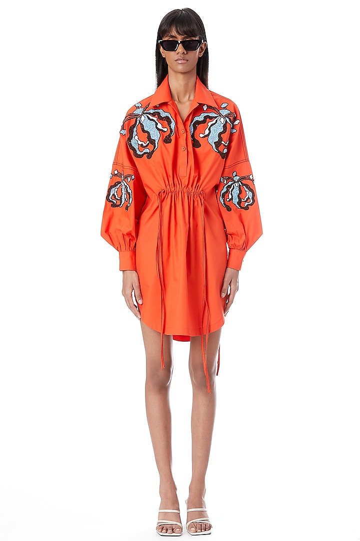 Orange Cotton Hand Embellished Vacation Shirt Dress by Kanika Goyal at Pernia's Pop Up Shop
