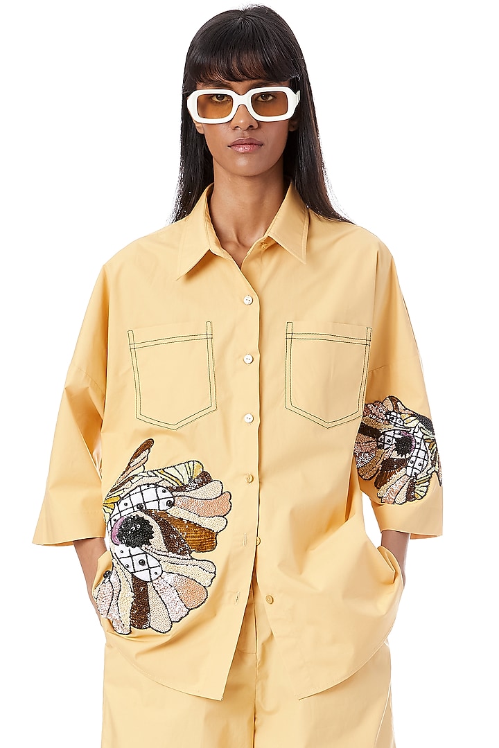 Yellow Cotton Embellished Shirt by Kanika Goyal