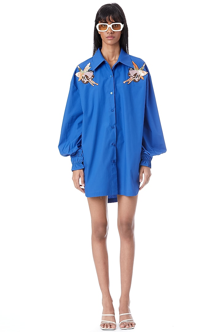 Blue Cotton Embellished Shirt by Kanika Goyal at Pernia's Pop Up Shop