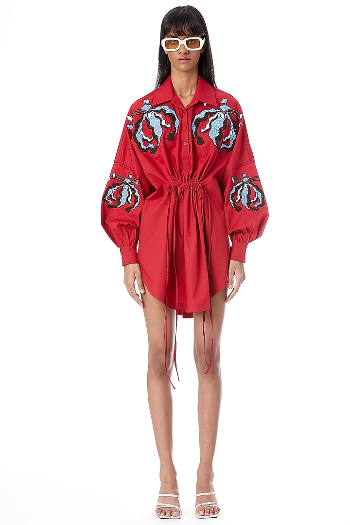 Red Cotton Embellished Vacation Shirt Dress by Kanika Goyal at Pernia's Pop Up Shop