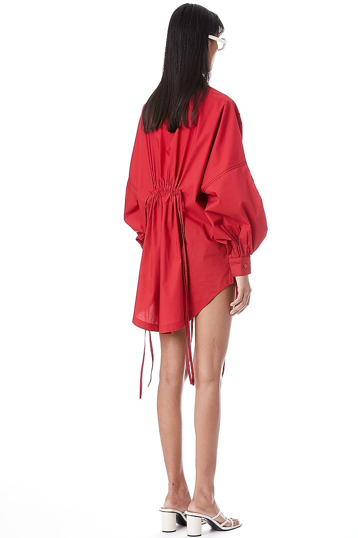 Red Cotton Embellished Vacation Shirt Dress by Kanika Goyal at Pernia's Pop Up Shop