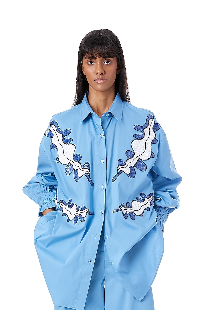 Blue Cotton Embellished Oversized Shirt by Kanika Goyal