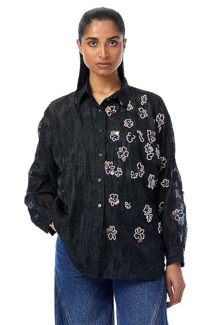 Black Organza Embellished Shirt by Kanika Goyal