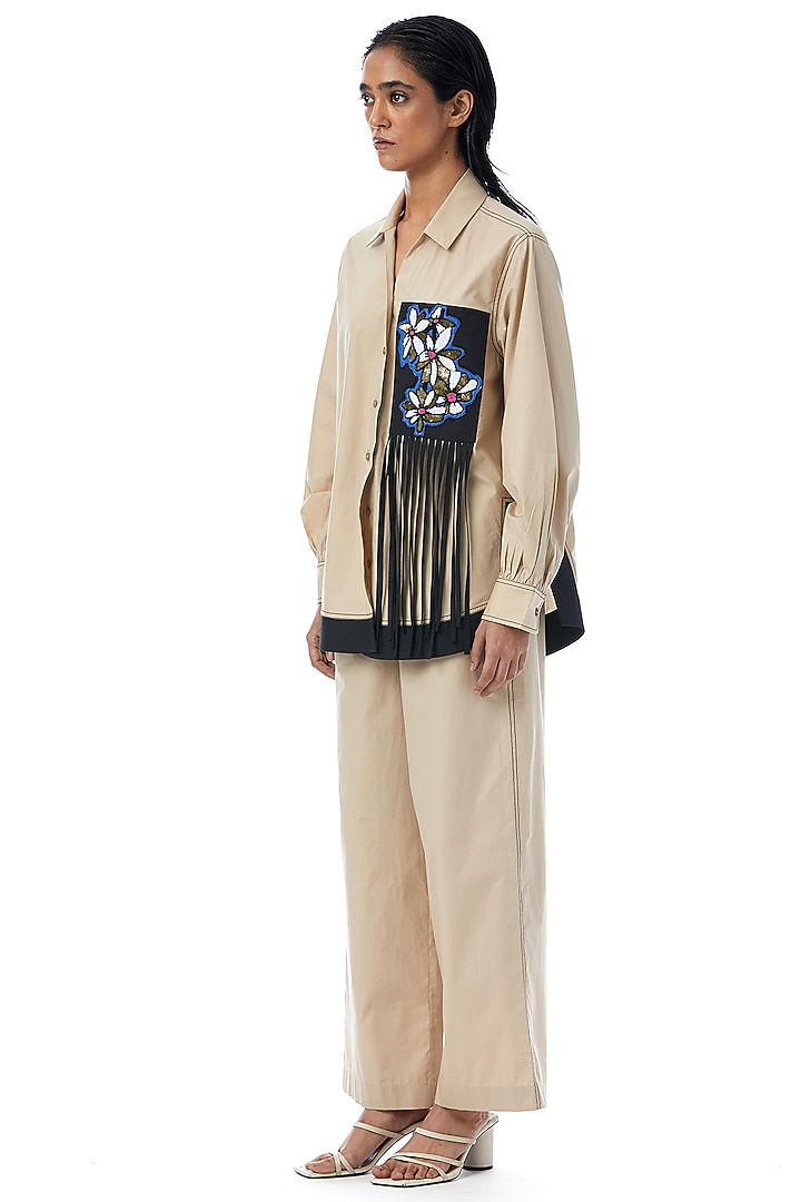 Beige Cotton Embellished Shirt by Kanika Goyal at Pernia's Pop Up Shop