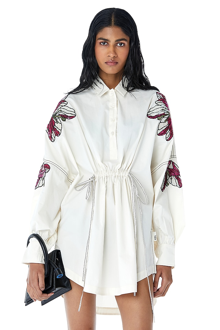 Off-White Cotton Embellished Shirt Mini Dress by Kanika Goyal at Pernia's Pop Up Shop