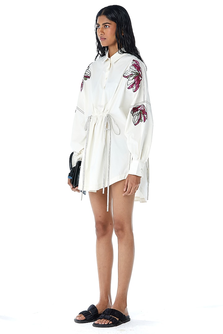 Off-White Cotton Embellished Shirt Mini Vacation Dress by Kanika Goyal at Pernia's Pop Up Shop