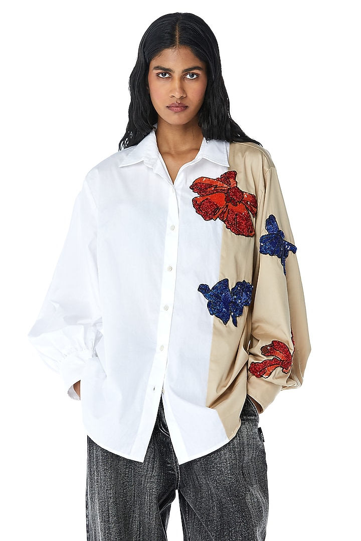 White Cotton Embellished Color-Block Shirt by Kanika Goyal at Pernia's Pop Up Shop
