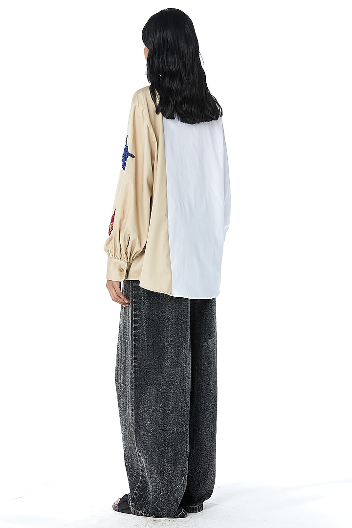 White Cotton Embellished Color-Block Shirt by Kanika Goyal at Pernia's Pop Up Shop