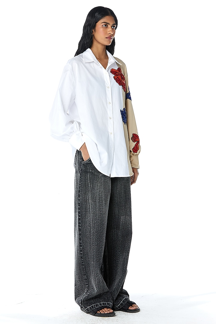 White Cotton Embellished Color-Block Shirt by Kanika Goyal at Pernia's Pop Up Shop
