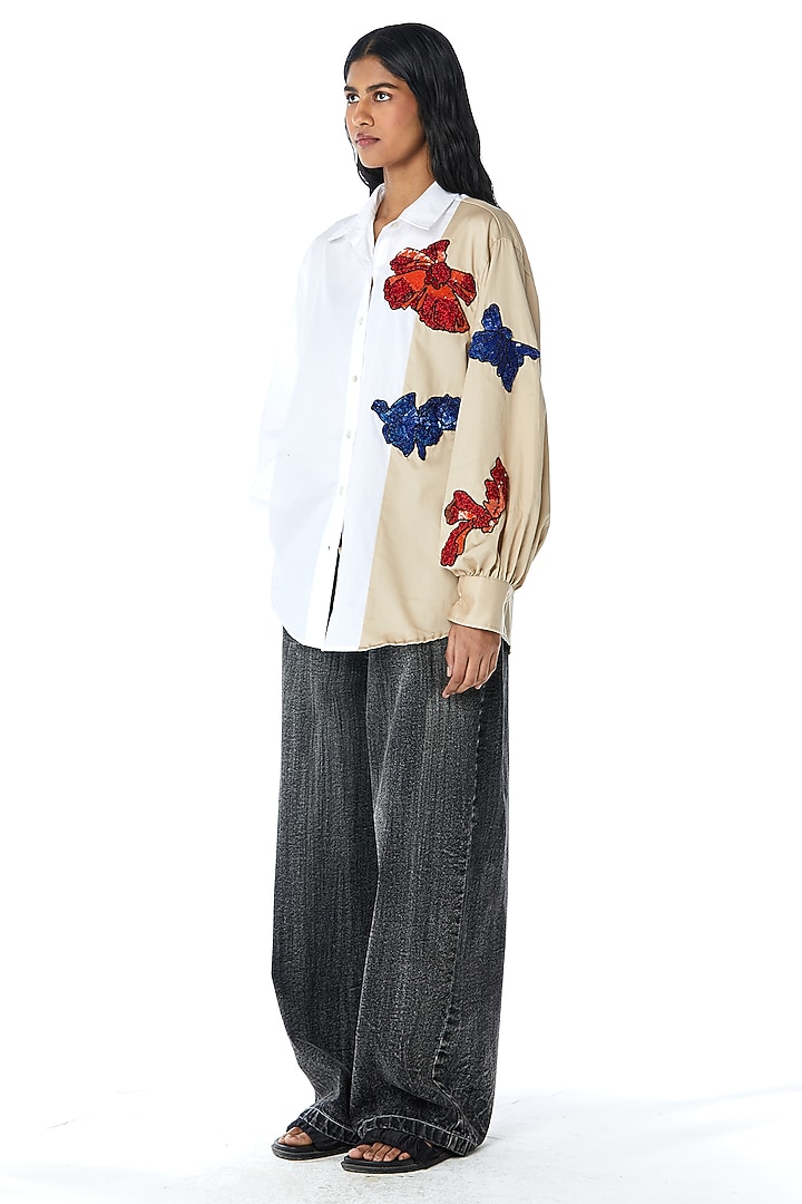 White Cotton Embellished Color-Block Shirt by Kanika Goyal at Pernia's Pop Up Shop